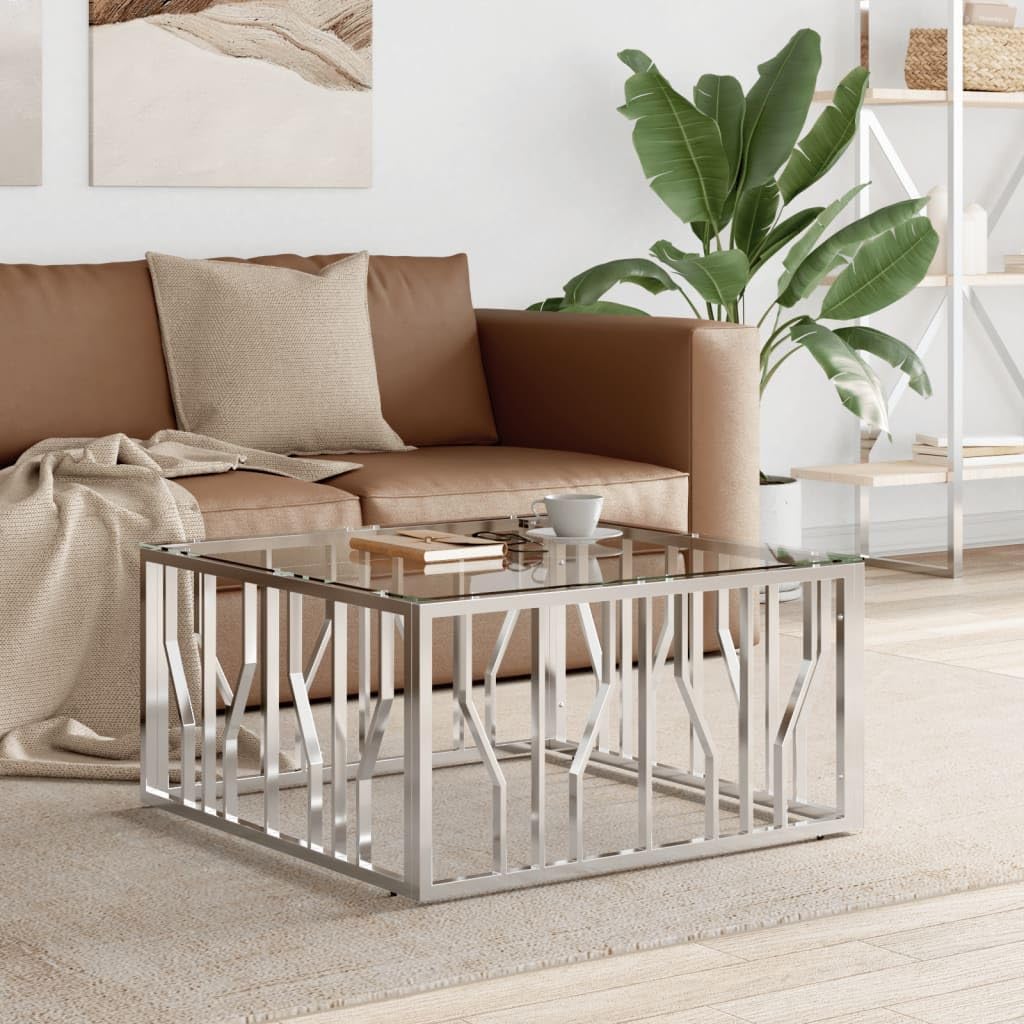 vidaXL Coffee Table Silver Stainless Steel, Tempered Glass Medium