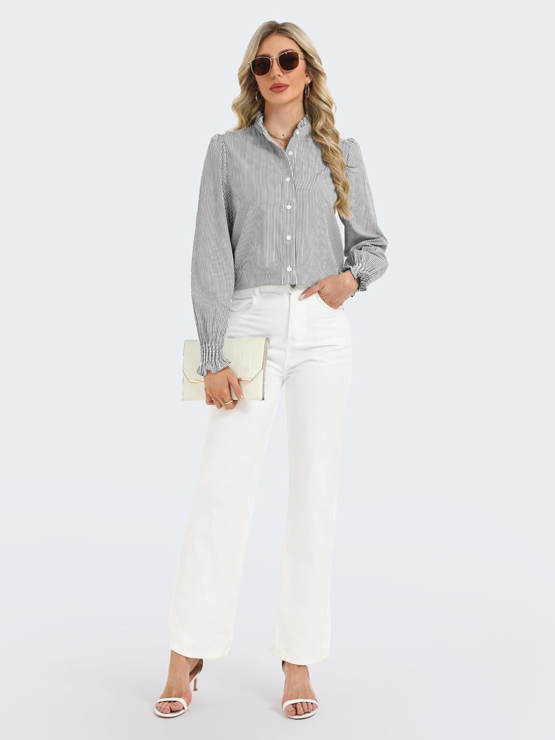 Funlingo Women's Striped Button Down Shirts Long Sleeve Smocked Cuffed Ruffle Collar Blouses Spring Work Business Casual Tops - Image 6