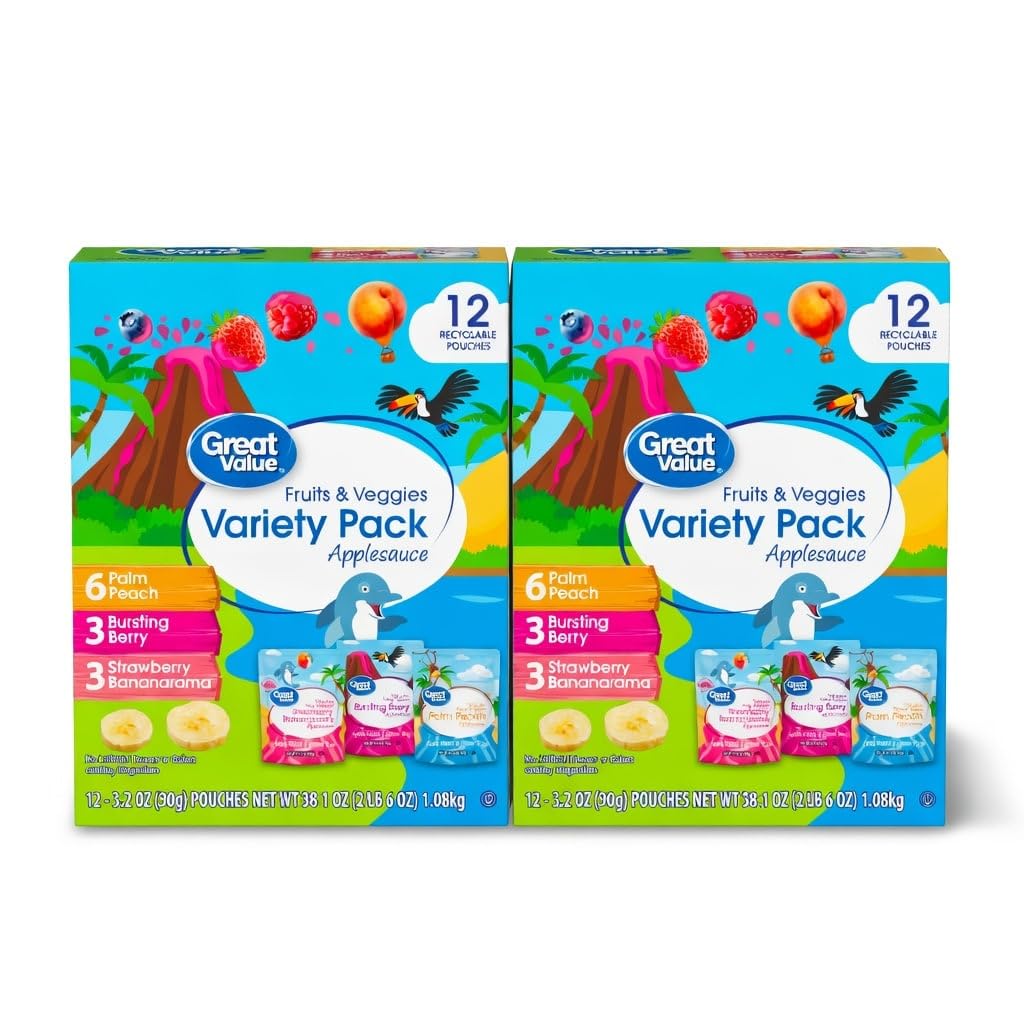 Great Value Fruits & Veggies Variety Pack Applesauce Pouches, 3.2 oz, 24 Count, Palm Peach, Bursting Berry & Strawberry Bananarama