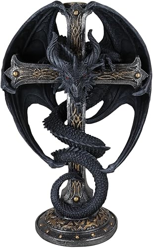 Ebros Gift Fantasía medieval Bahamut Demon Guardian Altar Drake Dragón Enrollado En Celta Nudo Cruz Crucifijo Taper Candleholder Desktop Figurine
