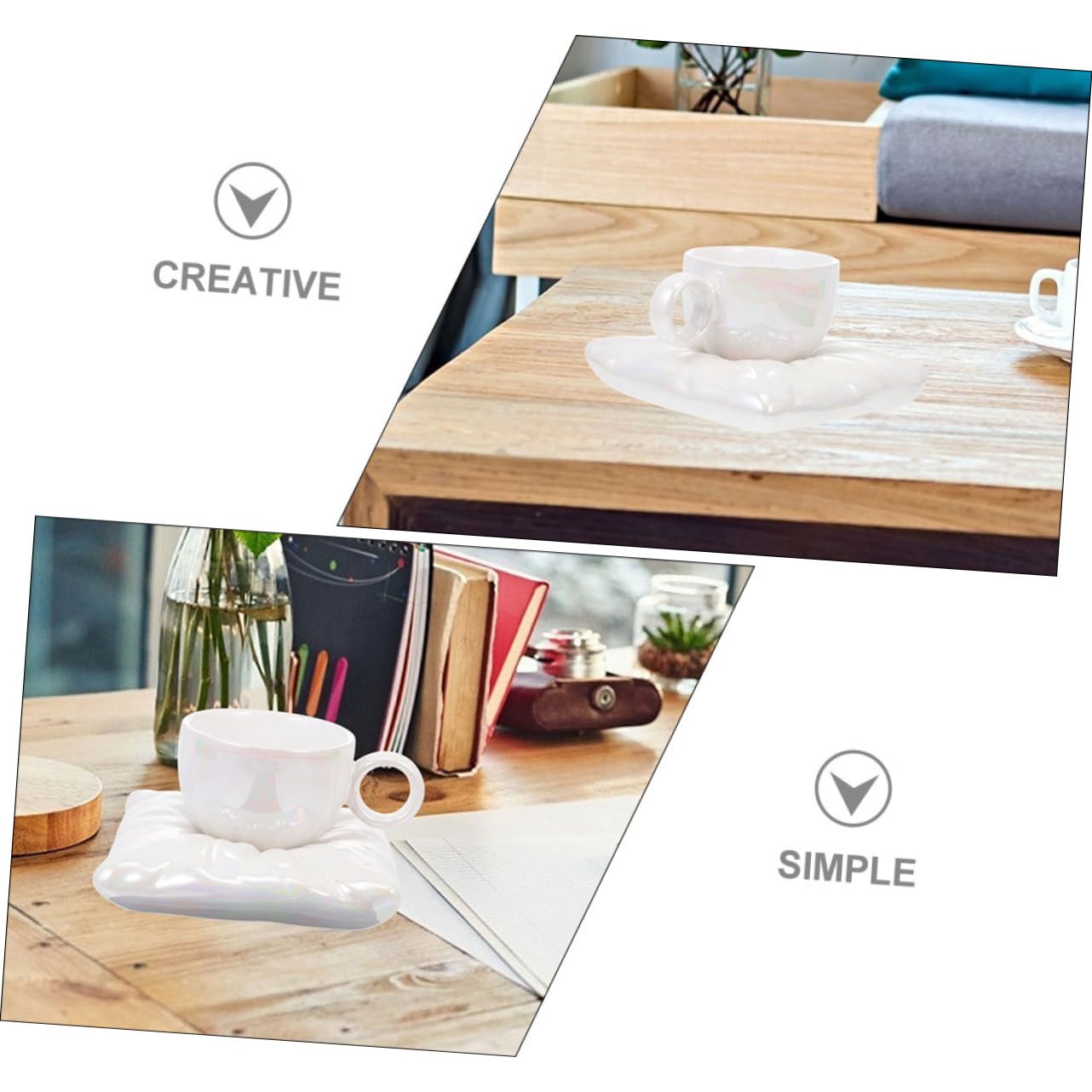 IMIKEYA Taza de Café Doméstica 200ml de Cerámica con Bandeja | Color Blanco, Forma de Almohada, Uso Diario y Mesa de Café, Incluye Posavasos