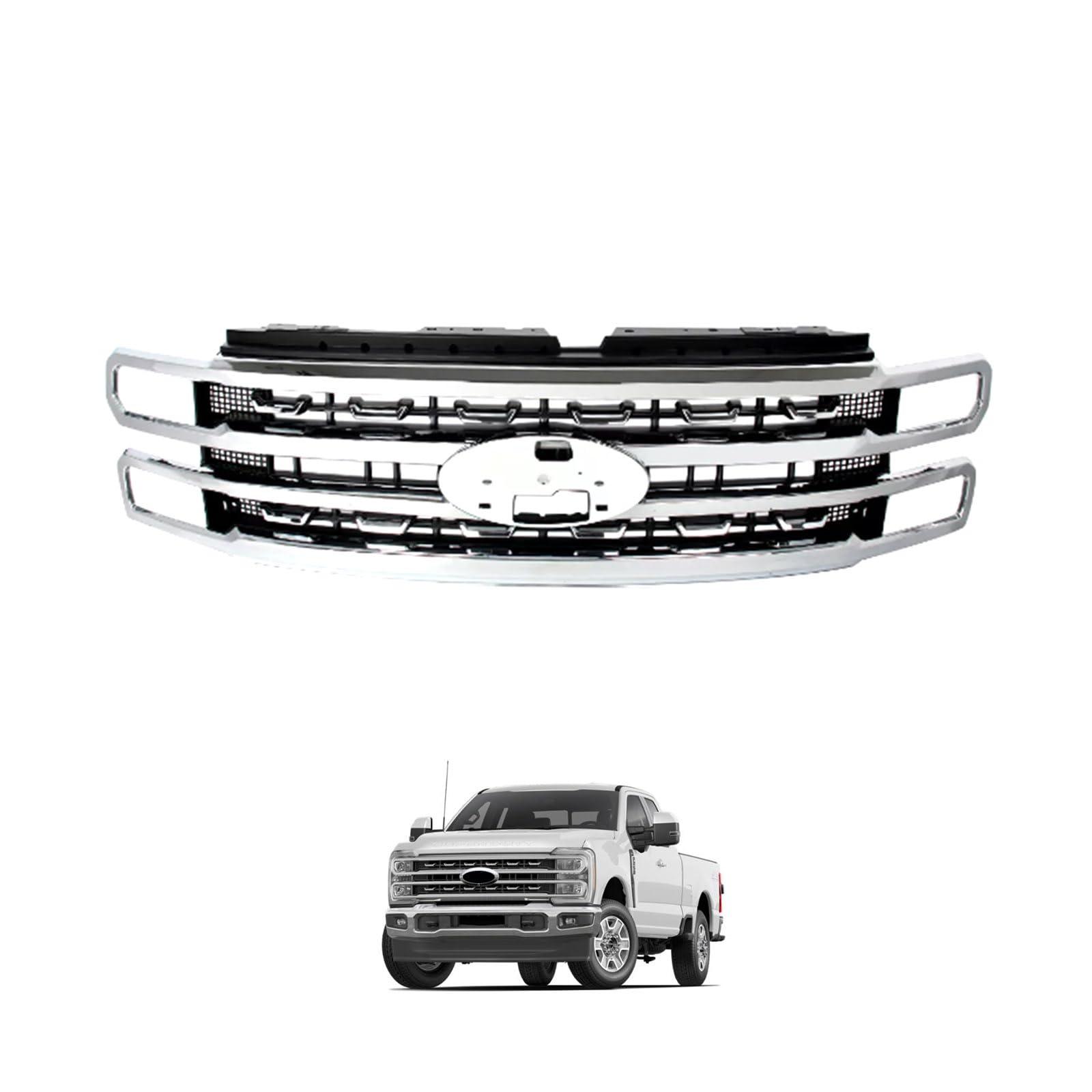 Front Grille New Platinum Look & Chrome Compatible with 2023-2024 Ford F-250 F-350 Super Duty Replacement for PC3B-8200-CFSMAS F250 F350 Super Duty Grille Platinum Style Grille