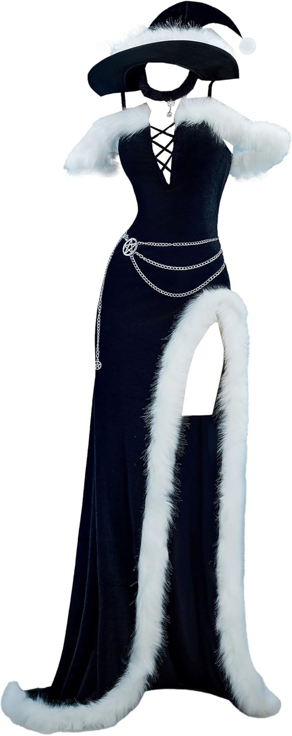 MEOWCOS Women's Gothic Dress Christmas Halloween Costume Dark Witch Style Furry Dress with Hat Gloves
