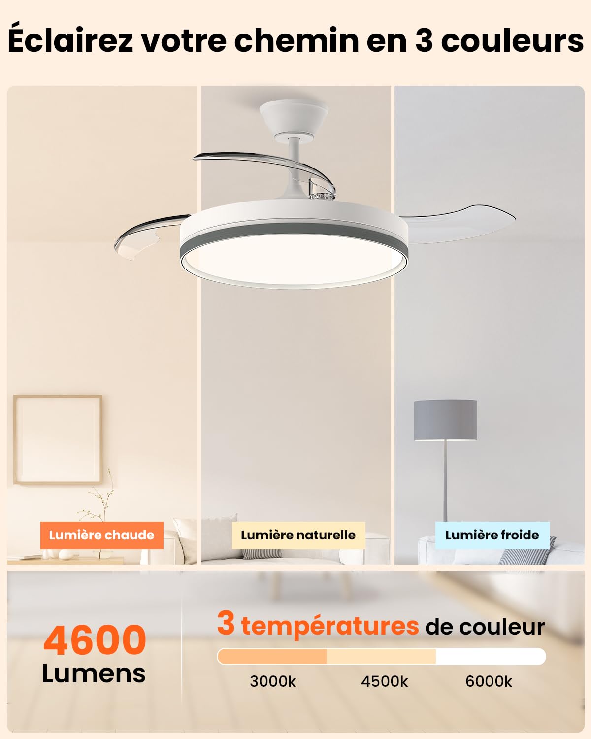 Airwit 106cm Rétractable Silencieux Ventilateur Plafond avec Lumière, 6 Vitesses, Télécommande, 3 Températures de Couleur