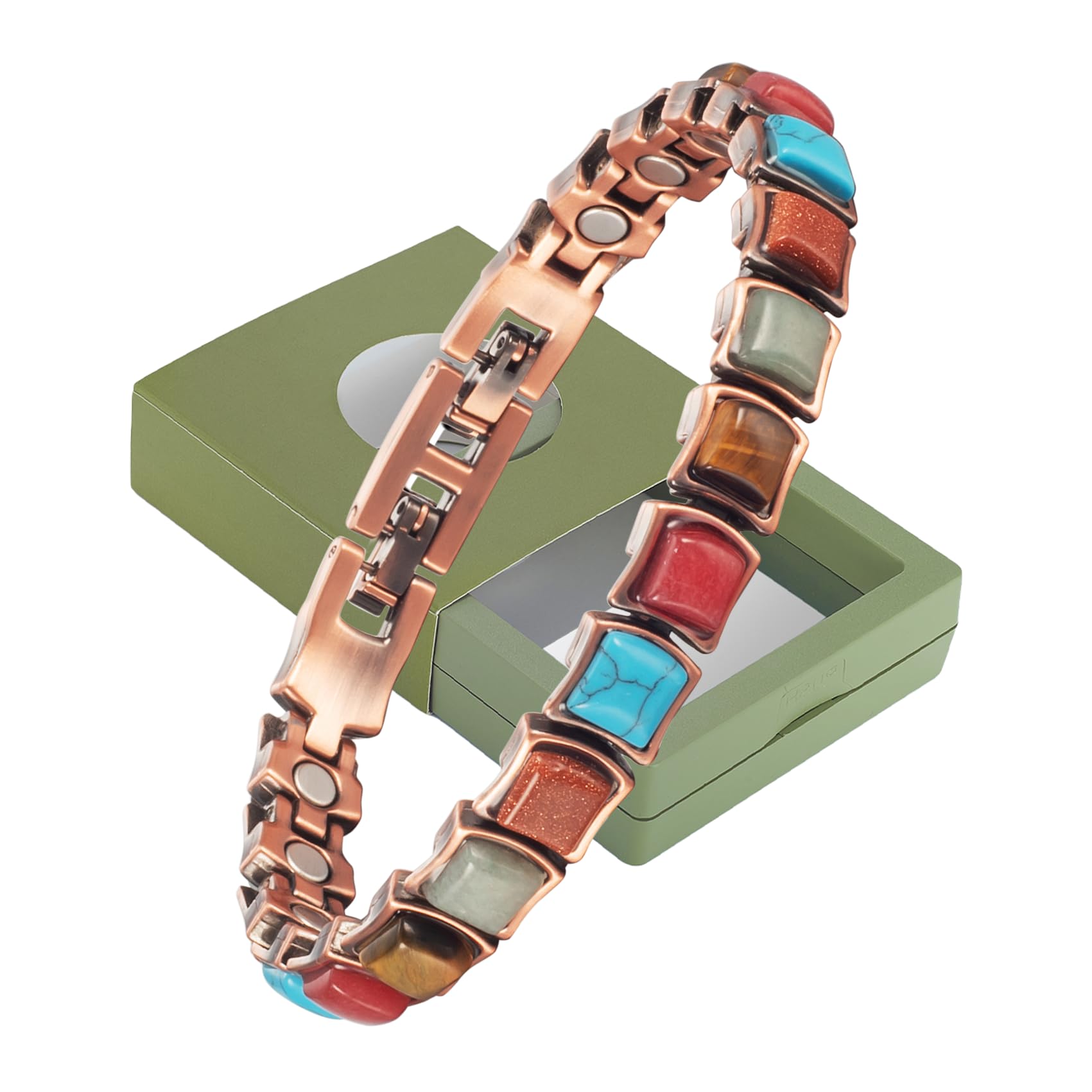 Bracciale Magnetico In Rame Donna Con Pietre Turchesi | Gioiello Semiprezioso, Lunghezza 20 Cm, Regalo San Valentino