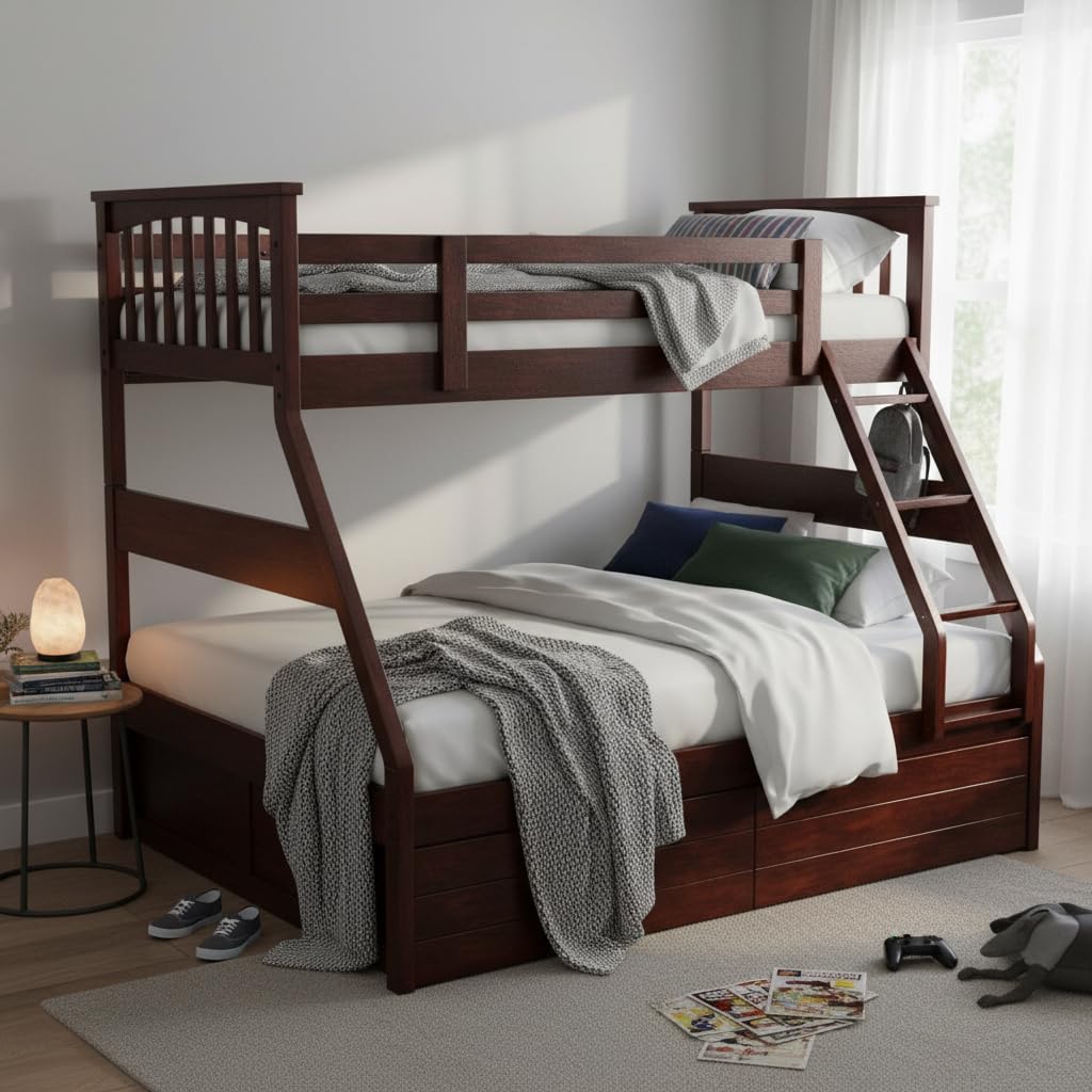 APRODZ Haven Queen/Twin Size Sheesham Wood Bunk Bed with 2 Drawer Storage for Bedroom (Rosewood - Brown)-image-2