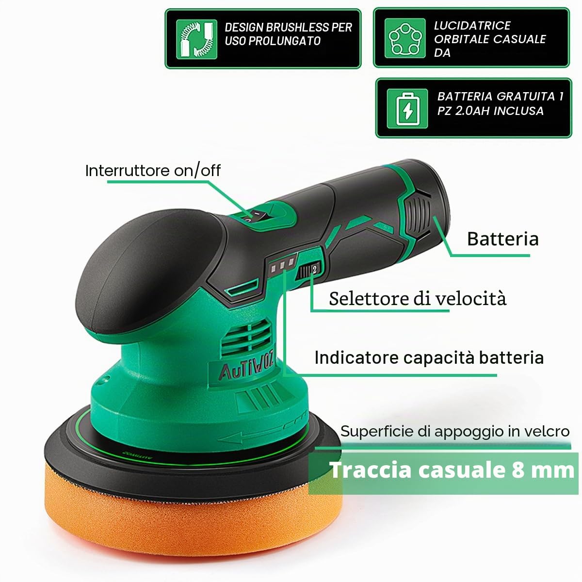 AUTIWOZ Lucidatrice Batteria,Lucidatrice per Auto,1 Batteria,Lucidatrice eccentrica,Lucidatrice Orbita Casuale 8mm,Smerigliatrice Angolare Batteria per Auto,Barche,Mobili
