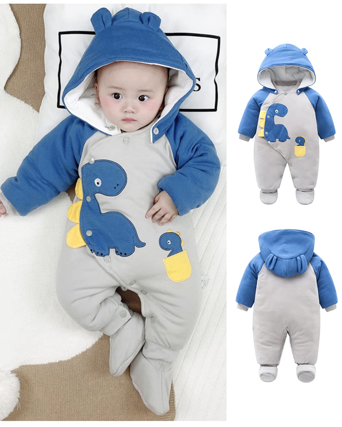 Bambino Pagliaccetto Invernale Snowsuit Outfit Cotone Tuta da Neve Cappello Staccabile Manica Lunga Dinosauro Abiti Regalo Ragazzi Ragazze 6-9 Mesi