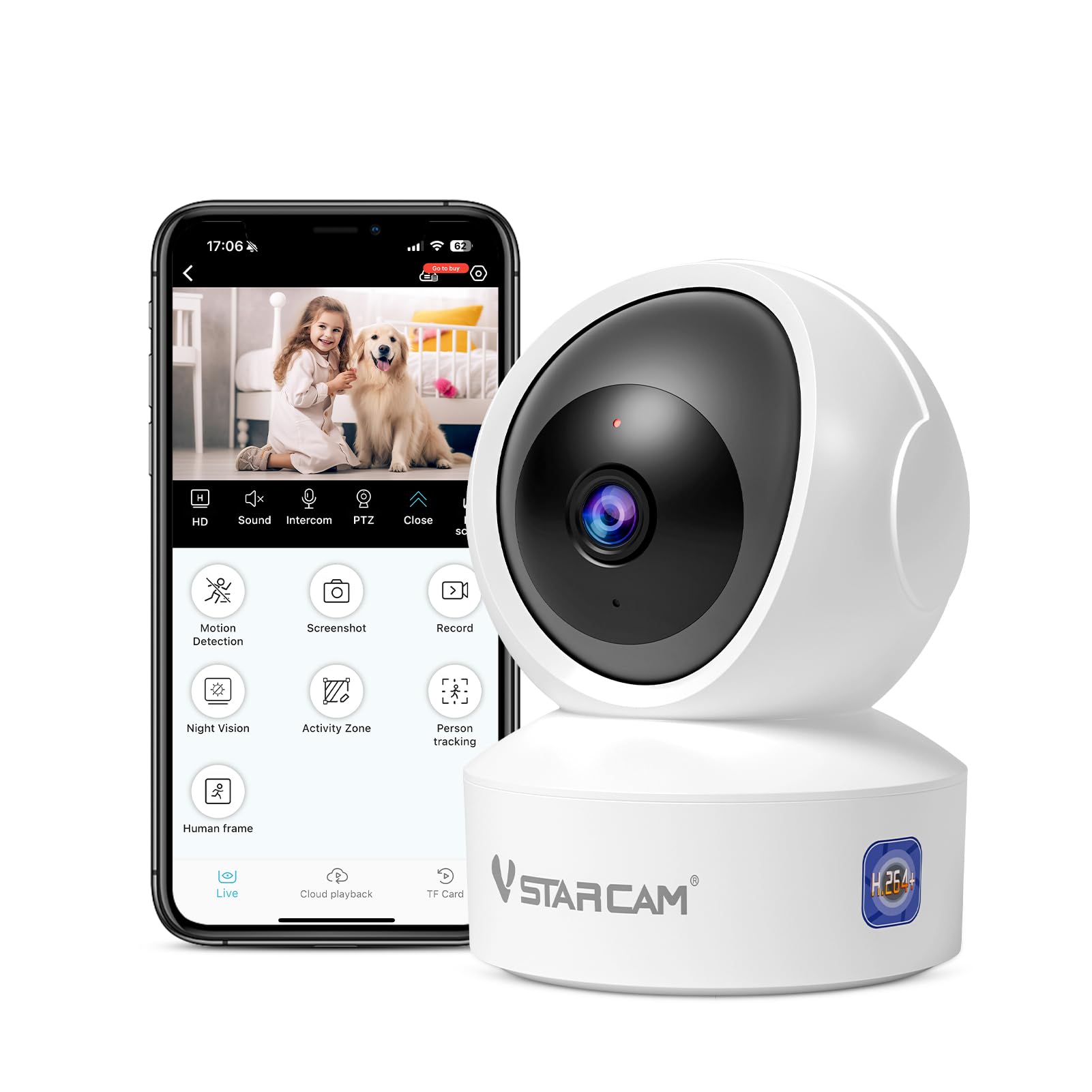 VSTARCAM Caméra interactive 720p WiFi 2,4G pour chat avec vision nocturne infrarouge et détection de mouvement