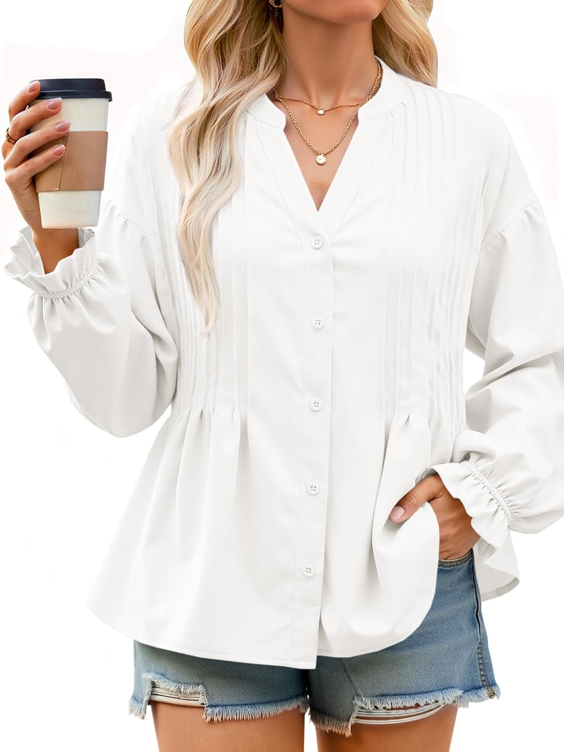 Cicy Bell Womens Button Down Shirts Pleated V Neck Puff Long Sleeve Dressy Tops Loose Fit Casual Cute Blouse