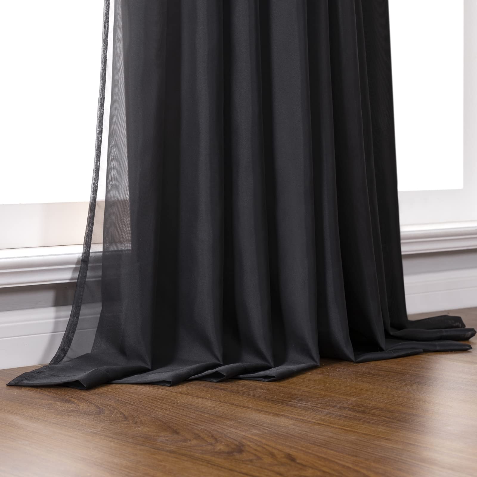 Rideau Transparent Salon 102x183, Rideaux Voilage Moderne pour Chambre Polyester Aspect Fil Noir, Passe Tringle, Lot de 2