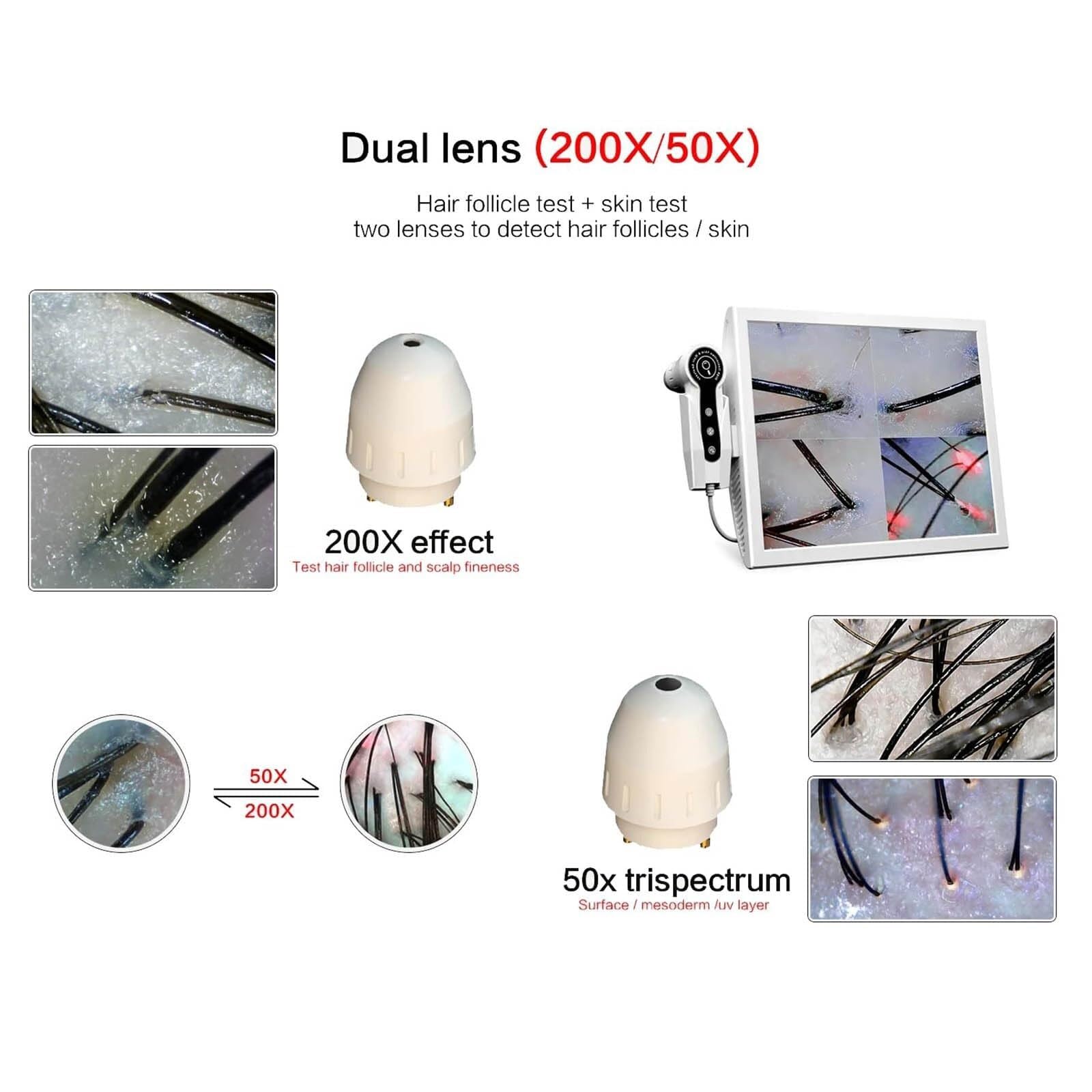 Analizador de Piel y Cabello, Detector de Cuero Cabelludo 4 Zonas, 50×/200× Lente