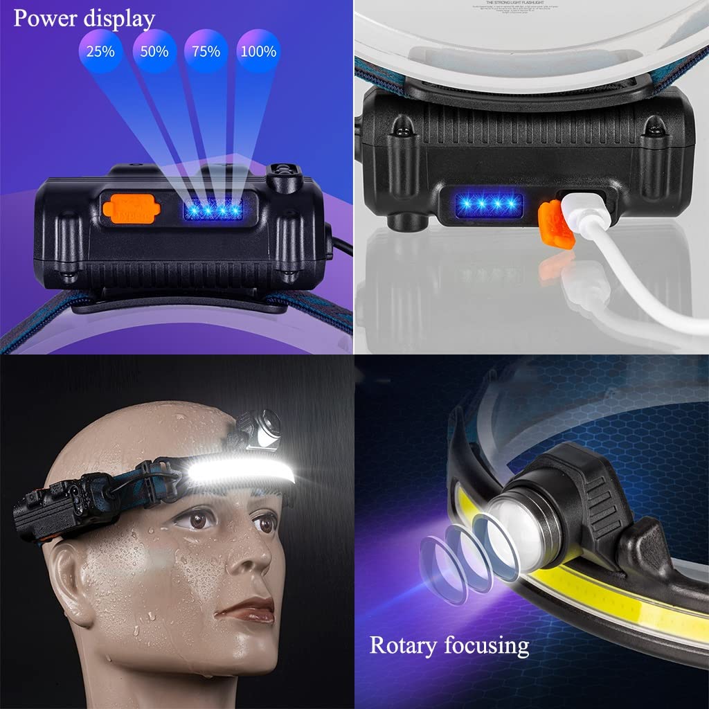 Latarka na głowę, Akumulator USB Czujnik ruchu Super jasny Latarka czołowa Nastawny Obrót Zoom Lampa robocza Przenośny 2-pak Latarka czołowa LED do biwakowania, wędrówek, wędkowania, pracy, biegania