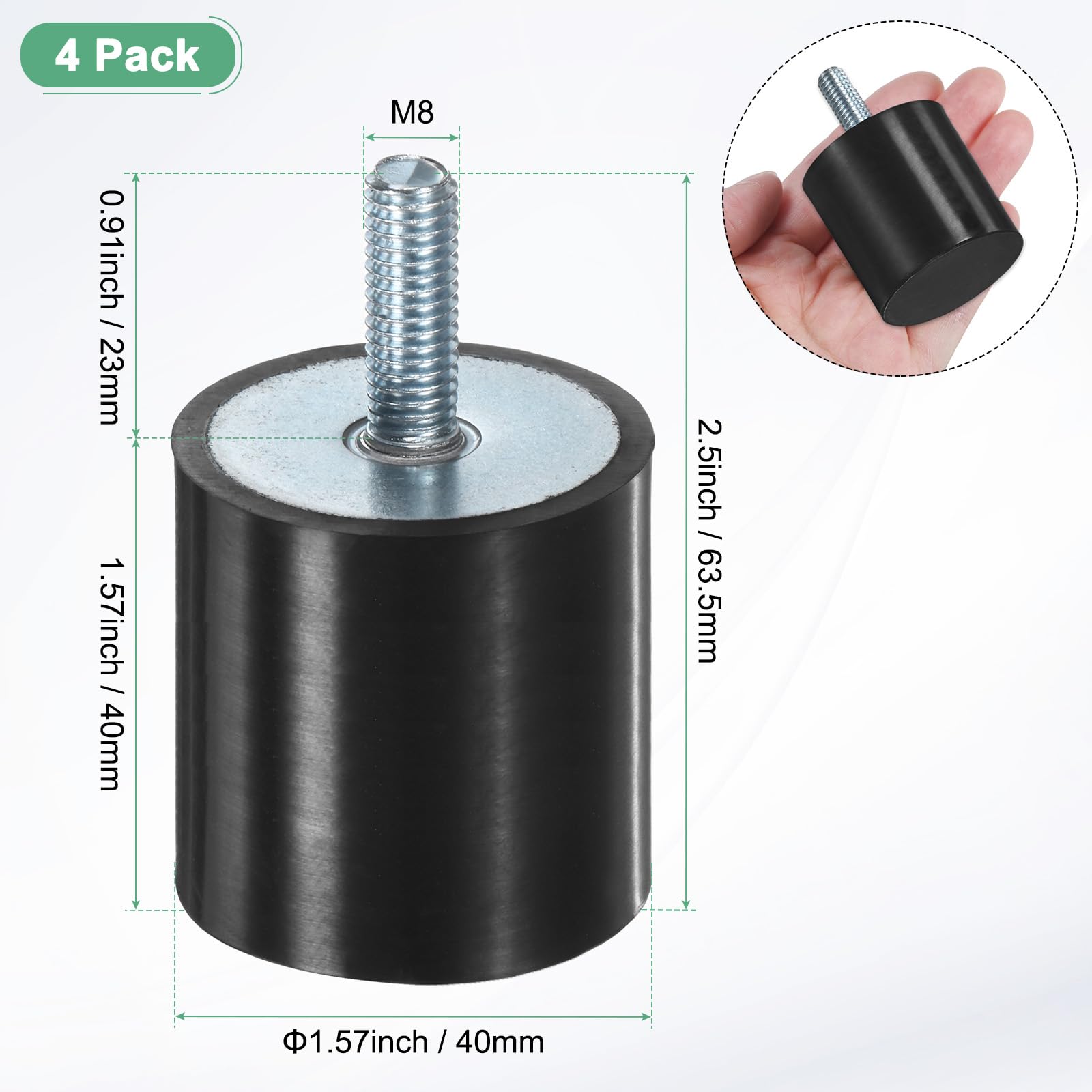 M METERXITY 4-Pcs Supports En Caoutchouc D40mmxH40mm Mâle Isolateurs De Vibrations Cylindriques Amortisseurs De Choc Avec Tiges Filetées M8 x 23mm Pour Air Compresseur/Voiture/Pompe/Bateau