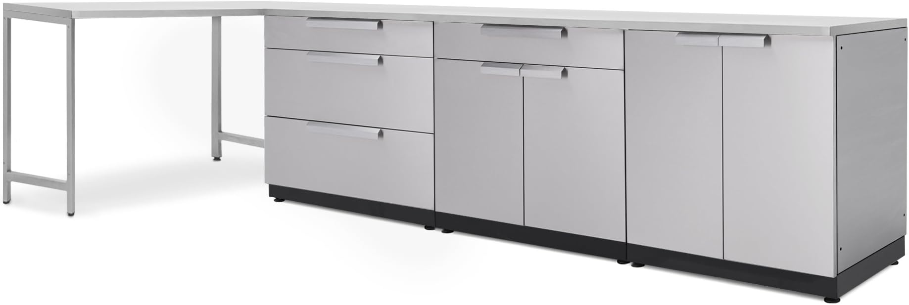 NewAge Products Outdoor Kitchen Classic Stainless Steel Include 1 Prep Table, one 3-Drawer Cabinet, one 2-Door Cabinet, 1 Bar Cabinet, and one 96 in. Countertop, 65062