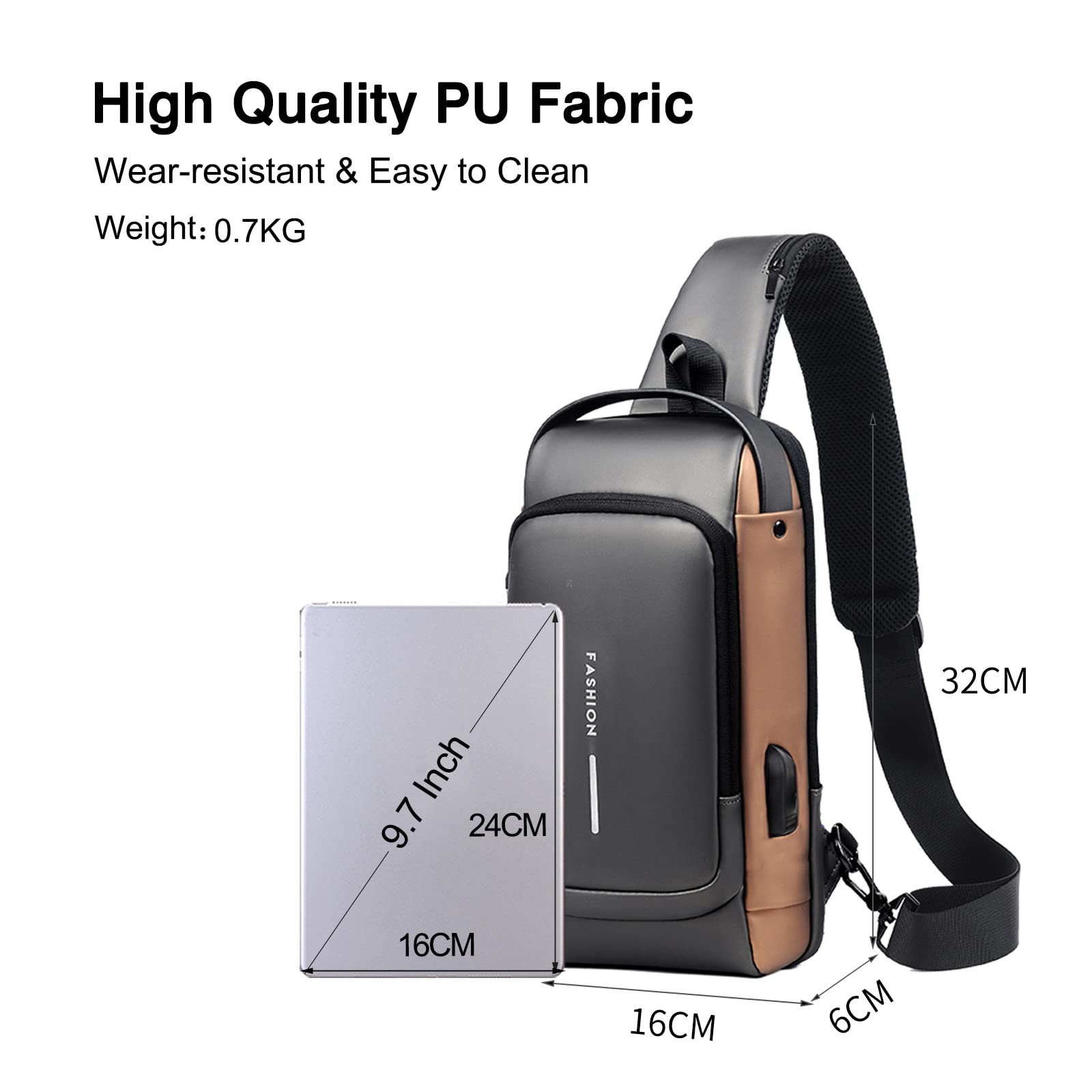 FANDARE Anti-theft Sling Bag Business Men Bag Chest Crossbody bags with USB, Gray Brown, Large 1