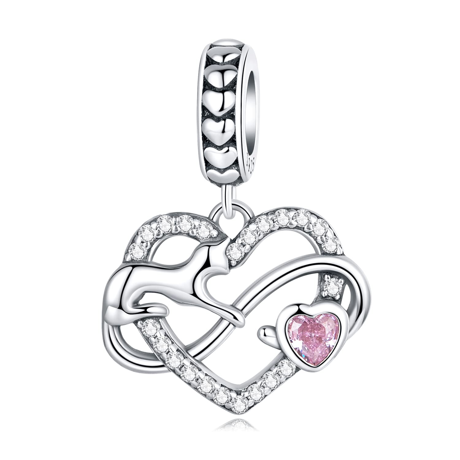 Heart Shaped Cat Charms for Pandora Bracelets, Sterling Silver, Infinity Charms, Christmas Jewelry, Gift for Mum and Girlfriends, Zirconia, Zirconia, Cubic Zirconia, Cubic Zirconia