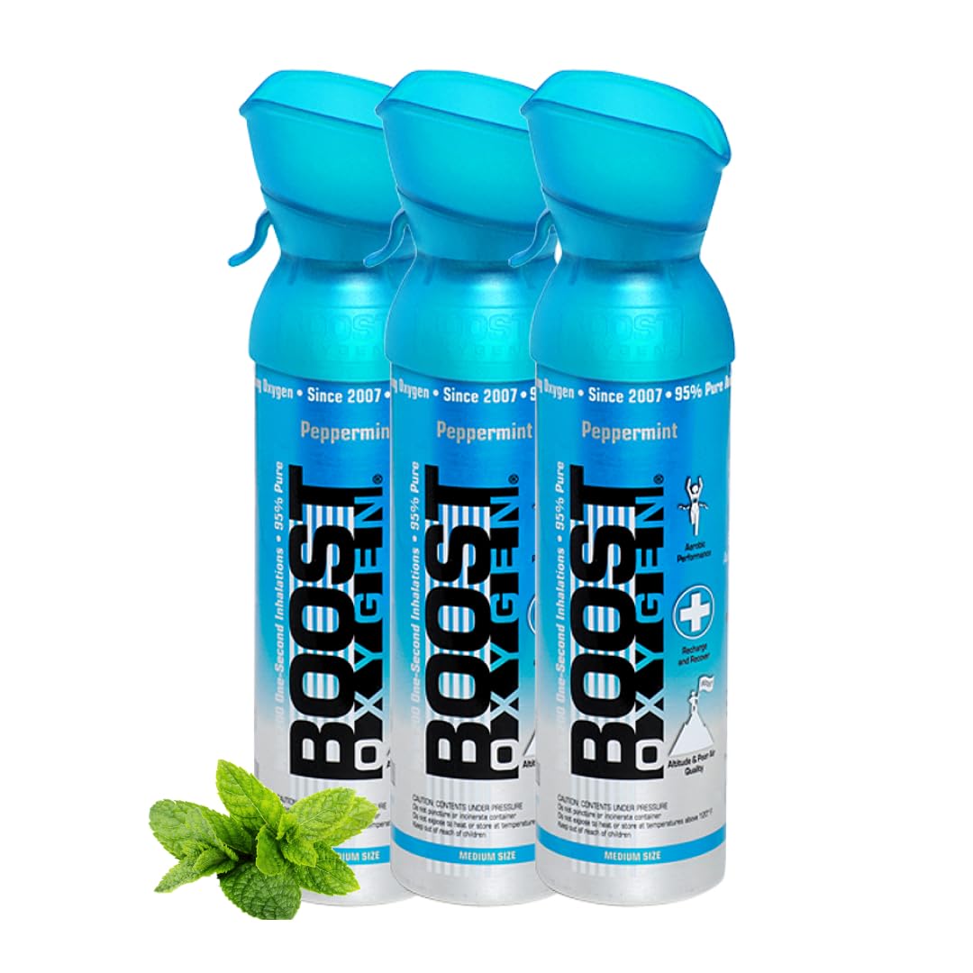Boost Oxygen - Bombola di Ossigeno Portatile - Bomboletta di Ossigeno Puro e Naturale al 95% - Concentrazione, Recupero, Energia, Umore, Medio - 15Lt,3x5Lt (3x Pacchi - 300 Inalazioni)- Menta Piperita | Bomboletta di Ossigeno Puro al 95% Portatile per Rec