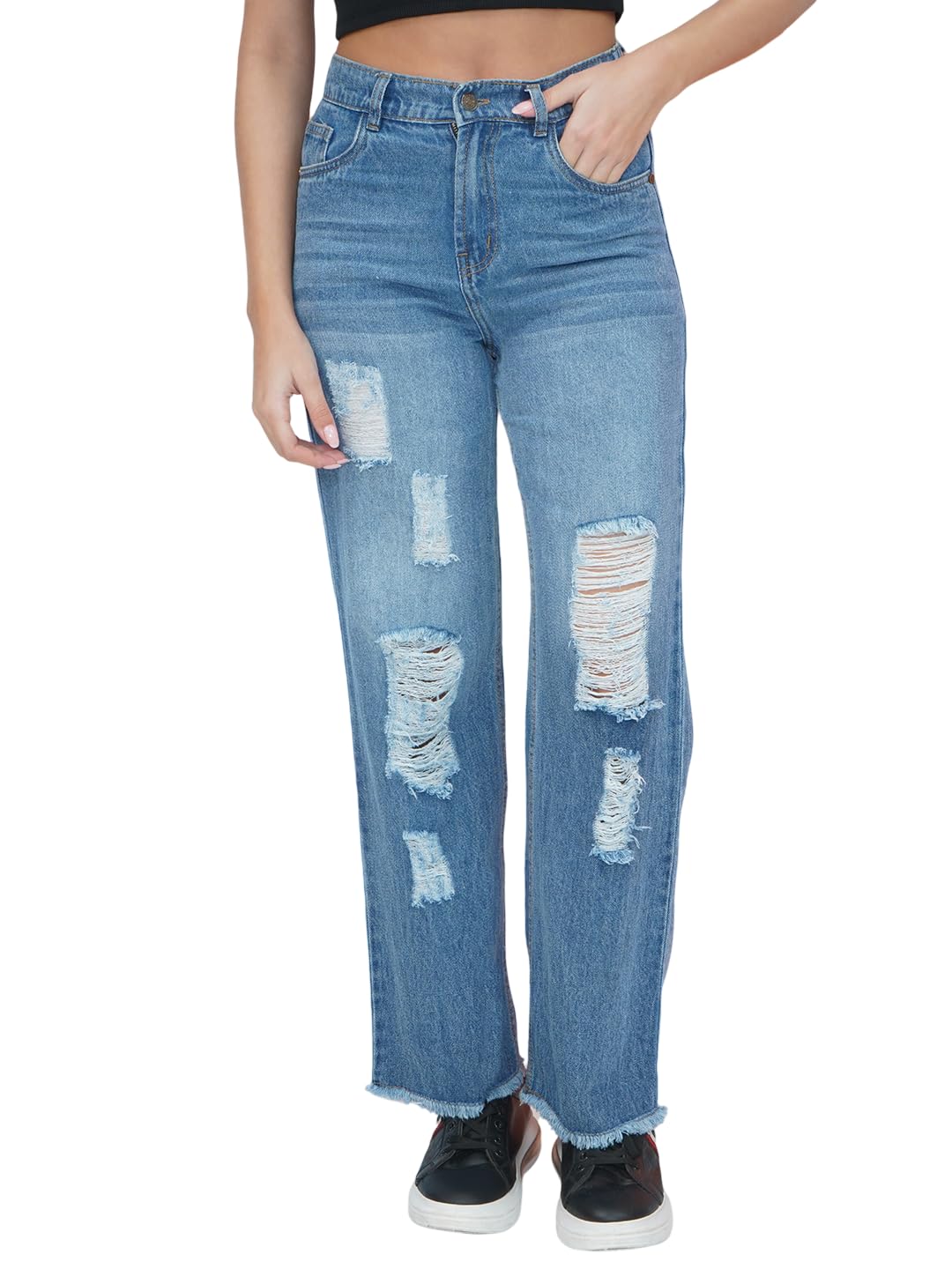 Women's High-Rise Distressed Straight Fit Blue Jeans-image-1