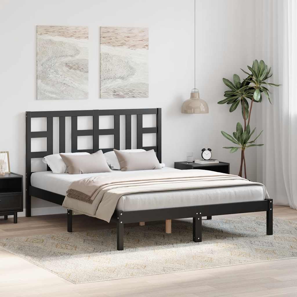 Lite drewno sosnowe Klasyczna rama z listwami Czarny 140x190 cm | Rama łóżka czarna lite drewno sosnowe 140x190 cm z zagłówkiem do sypialni