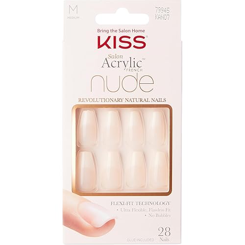 KISS Salon Acrylic French Manicure Set, ‘Leilani’, Medium Length, Nude Square Press-On Nails, Includes Pink Gel Nail Glue 0.07 Oz, Mini Nail File, Manicure Stick, and 28 Fake Nails, 31 Piece Set
