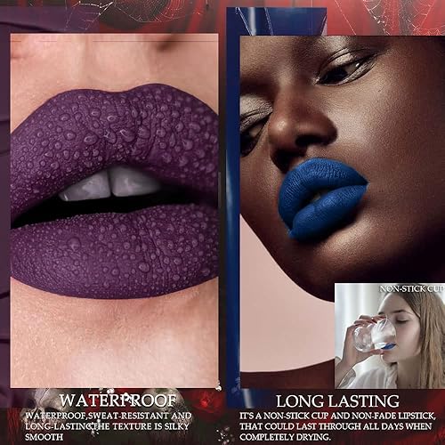 Miniatura 4 de evpct 3 lápices labiales líquidos mate azul oscuro, negro, morado, mate, brillo de labios, juegos de maquillaje a prueba de manchas, cara de cráneo,