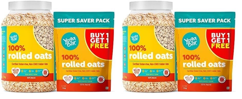 Image of Yogabar 100% Rolled Oats 2kg Combo, 1kg Jar + 1kg Pouch | Gluten-Free, High-Fibre Wholegrain Oats | Nutritious Breakfast Cereal, Easy-to-Cook (Pack of 2)