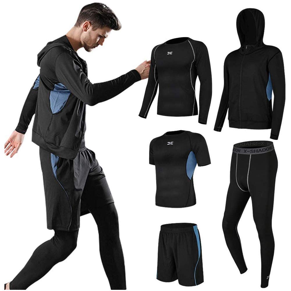 Conjunto Deportes Sudor Fitness Entrenamiento Compresión Ropa Suave Seco Rápido Transpirable Corriendo para Hombres 5 Piezas