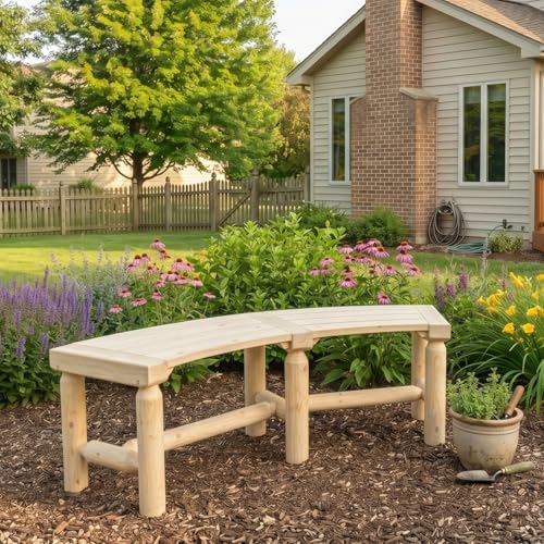 FORTUNO Outdoor Wooden Curved Backless Porch Bench Rustic Style Cedar/Fir Wood Log Fire Pit Bench for Patio Garden Deck and Backyard 40-54 W13 D16.5 H Natural