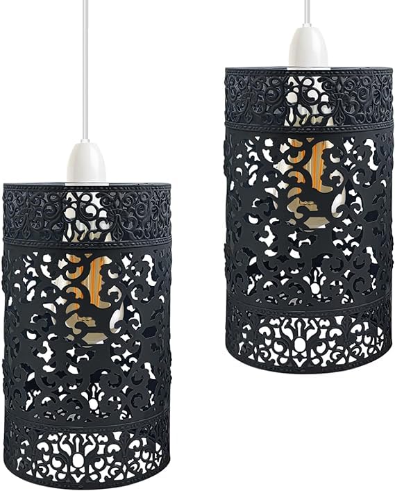 2 Pack Industrial Black Metal Pendant Light Shades Easy Fit Ceiling Drum Lampshade Retro Vintage Hanging Light Fitting for Kitchen Dining Room Bedroom Hallway E27