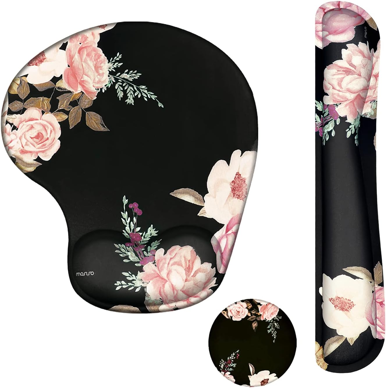 Wrist Rest Support for Mouse Pad&Keyboard Set, Curved Peony Ergonomic Mousepad&Coaster Non-Slip Base Home/Office Pain Relief&Easy Typing Cushion with Neoprene Cloth&Raised Memory Foam, Black
