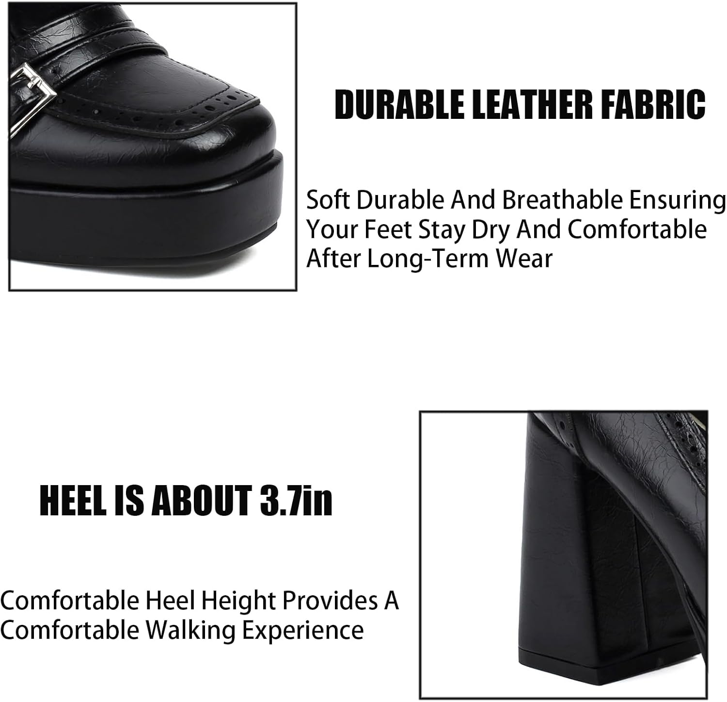 Women's Leather Buckle Chunky High Heel Loafers Pumps Fashion Closed Round Toe Slip On Platform Block Heel Pumps Comfort Office Work Dressy Shoe - Image 3