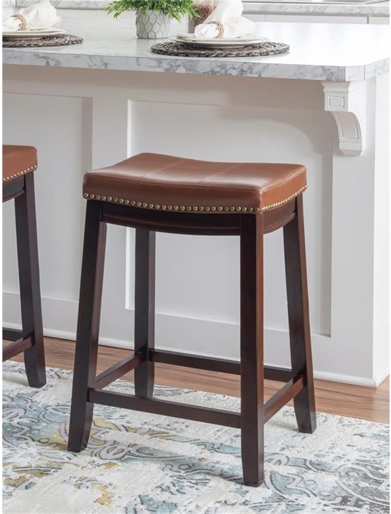 Home Square 2 Piece 26" Wood Saddle Counter Stool Set in Cognac Brown