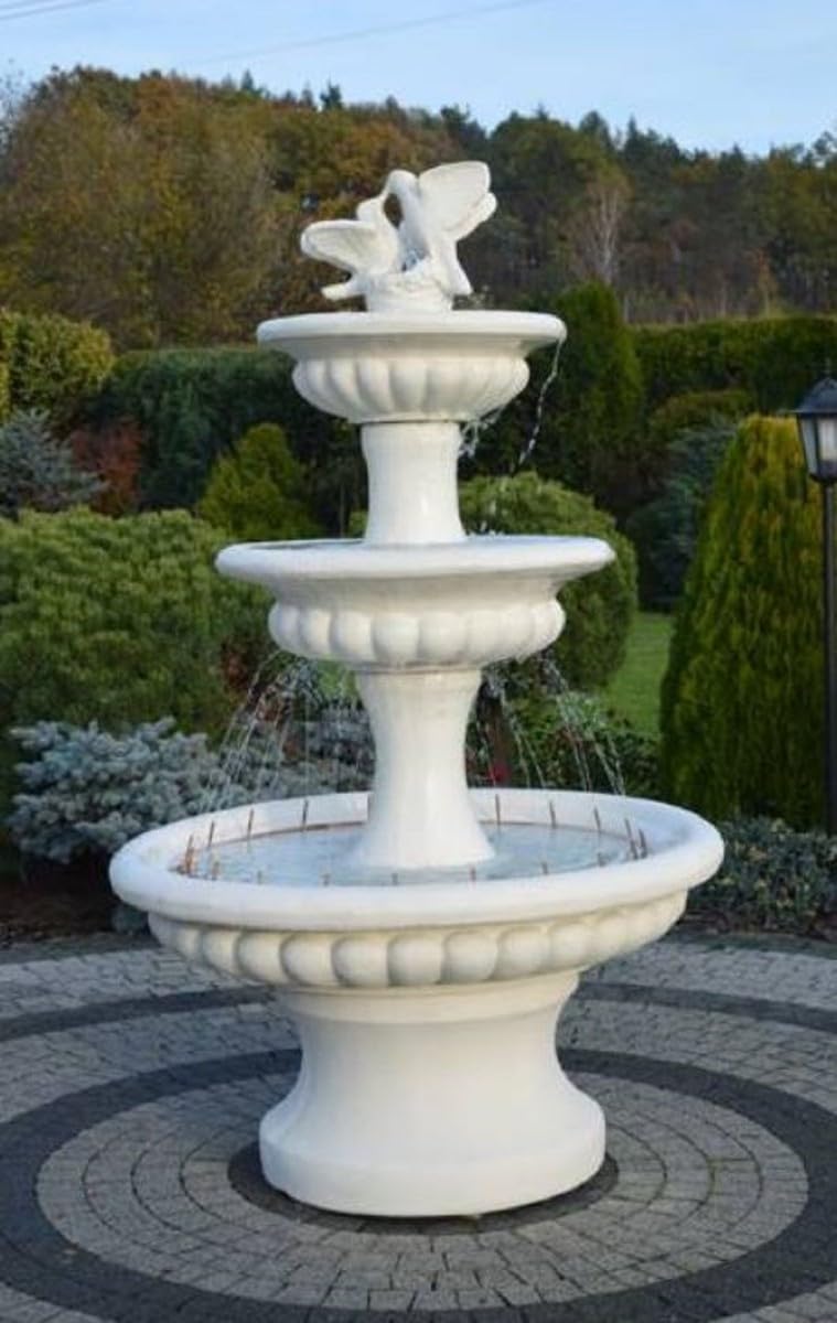 Casa Padrino Fontana Barocco con 2 Colombe Decorative Bianco Ø 120 x A. 186 cm - Magnifica Fontana da Giardino in Stile Barocco - Fontana Rotonda da Giardino in Pietra - Accessori da Giardino