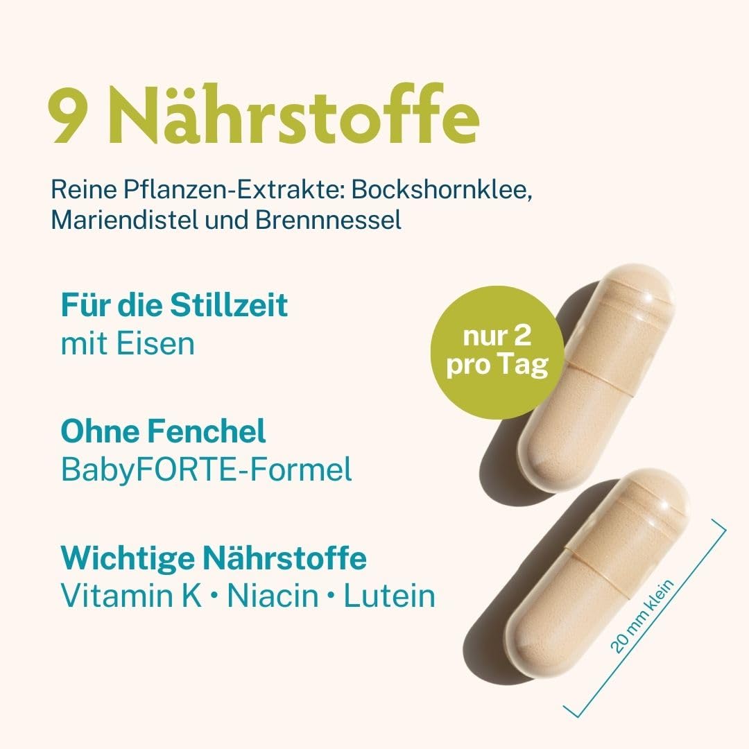 BabyFORTE® Stillzeit 180 Kapseln - 90 Tage - Bockshornklee 15:1, Eisen, Lutein, extra ohne Fenchel, Stillzeit Vitamine