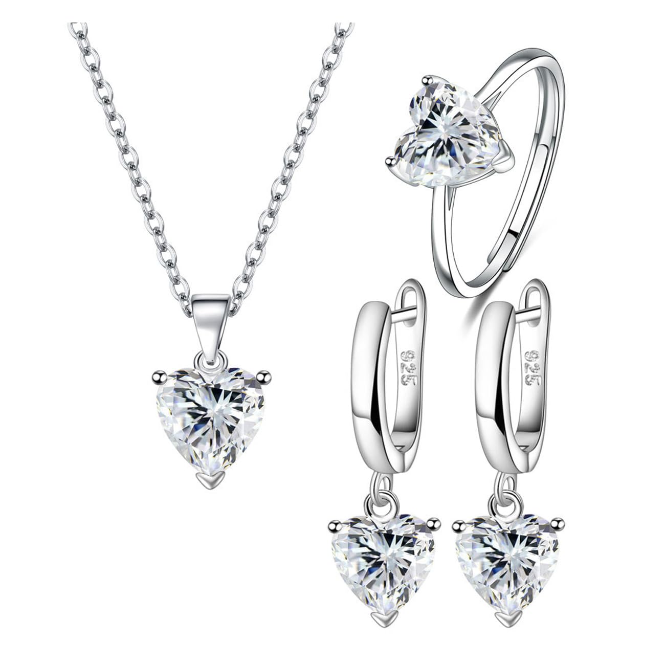 TOEECY Corazón Conjuntos de Joyas para Mujer y Niñas Cristal Colgante Collar Pendientes Anillo Cubic Zirconia Plata chapada 925 Fiesta Boda Nupcial Dama de Honor