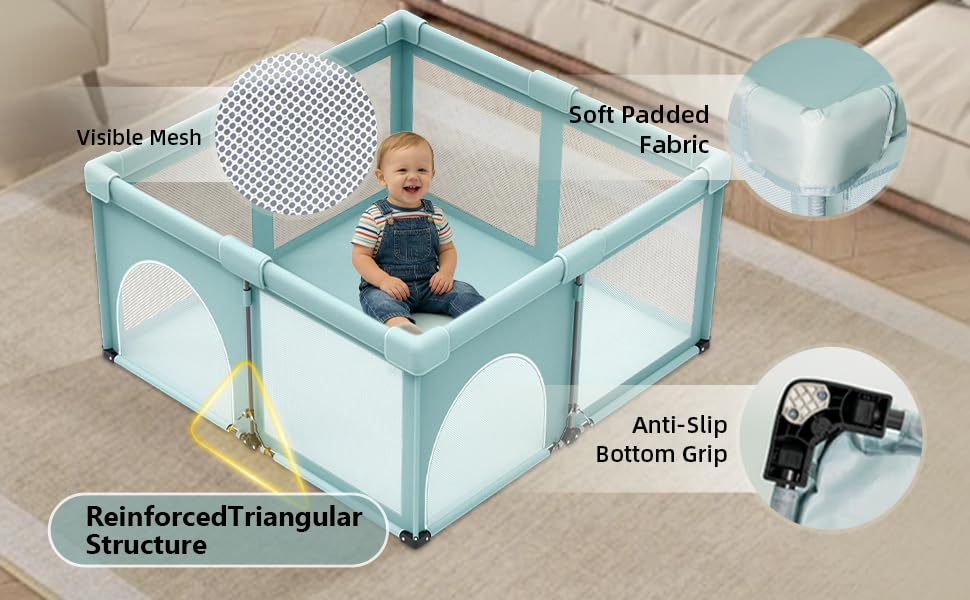 Image of Foldable Baby Playpen, Play Yard for Babies&Toddlers Indoor Outdoor | Comes with mat, 2 Pull-Up Rings & Storage Bag. Portable Playpen Baby Fence Play Area with Visible Mesh