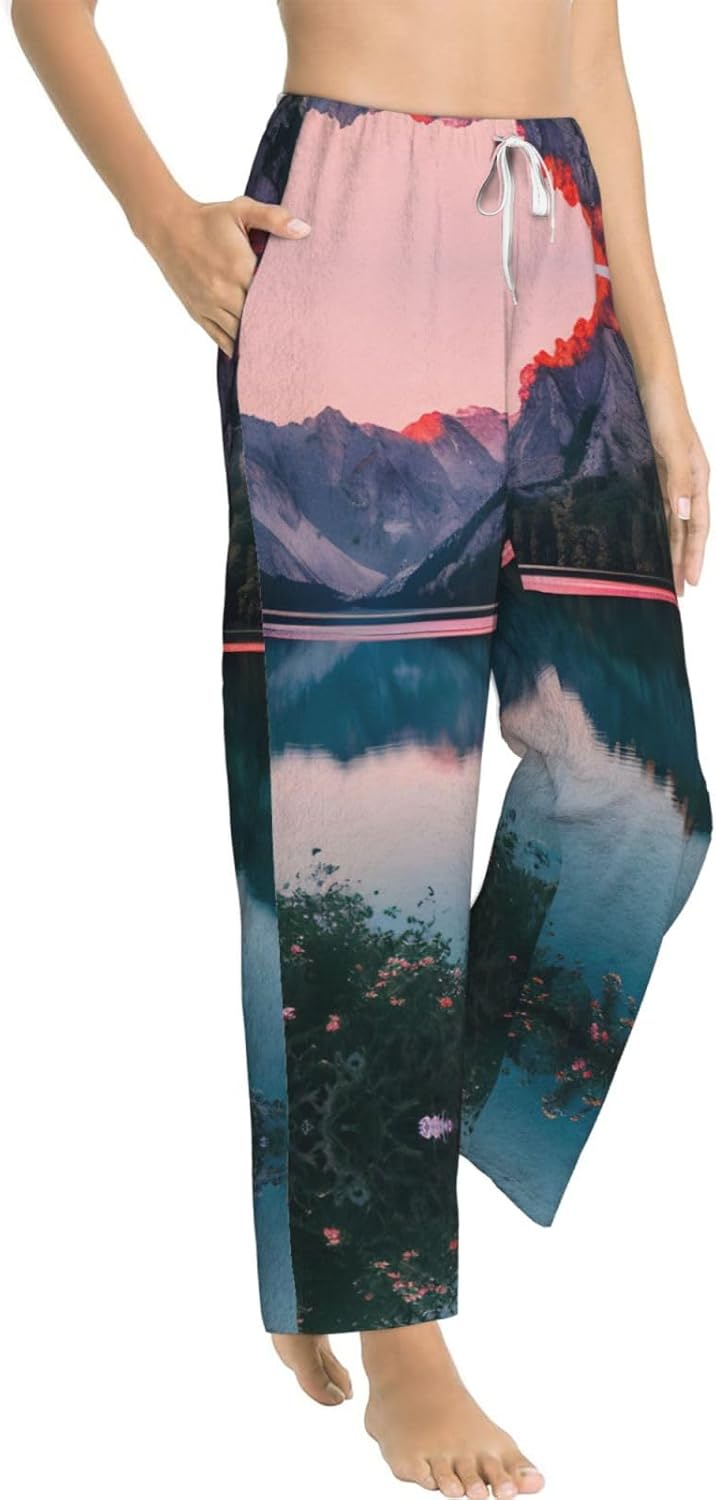 Lake And Sunset Print Cozy Christmas Pajama Pants,Flannel Pajama Bottoms,Cater To Various Body Types