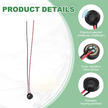 sourcing map 10 Pcs Electret Microphone Condenser Pickup, 4mm Dia Mini MIC Electret Condenser with 60mm Wire Leads 58dB for Audio, Black