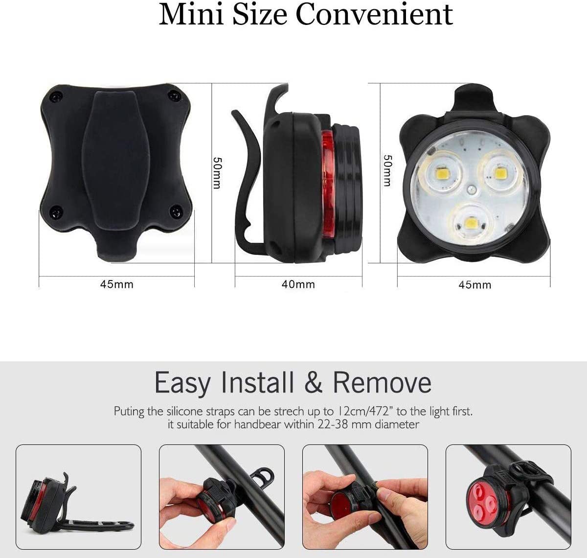 Set di luci per bicicletta ricaricabili, super luminose anteriori e posteriori a LED, 650 mAh, batterie al litio, 4 opzioni di modalità (2 luci totali [totale di 4 luci])
