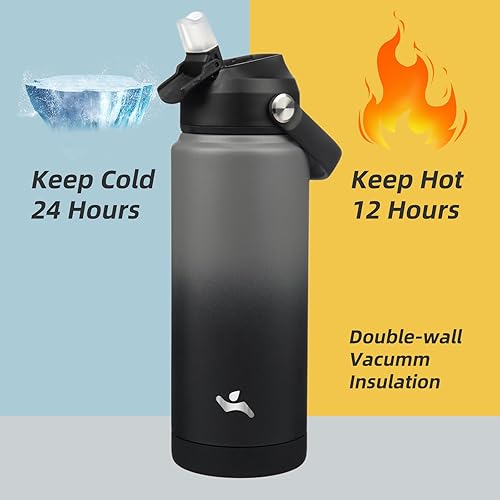 Miniatura 3 de Botella de agua aislada con tapa con pajilla, botella de metal al vacío de acero inoxidable de 24 onzas con mango de silicona, gris y negro