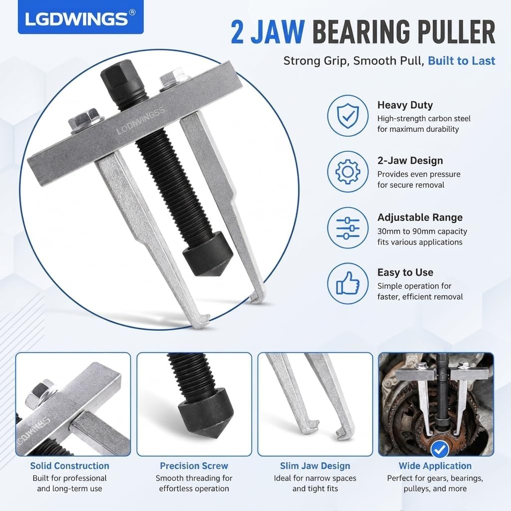 2 Jaw Bearing Puller 30mm-90mm, Adjustable Small Gear Puller Tool, Ultra-Slim Leg Remover for Narrow Spaces, LS Crankshaft Sprocket & Timing Chain, Heavy Duty Carbon Steel Pullers