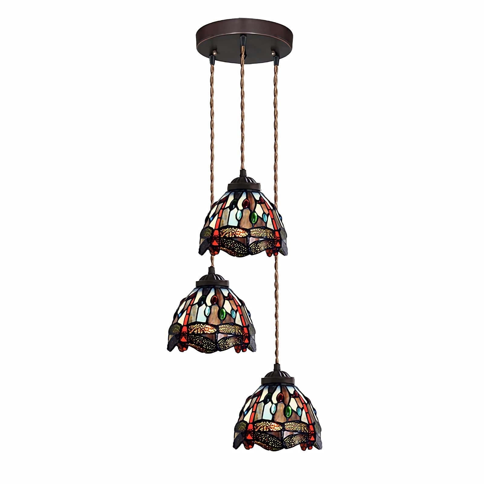 Aioneer Tiffany Style Pendant Light Fixtures, Dragonfly Stained Glass Chandeliers Ceiling Light For Living Room Bedroom Bathroom Hallway Decorative-Green-3 lights A
