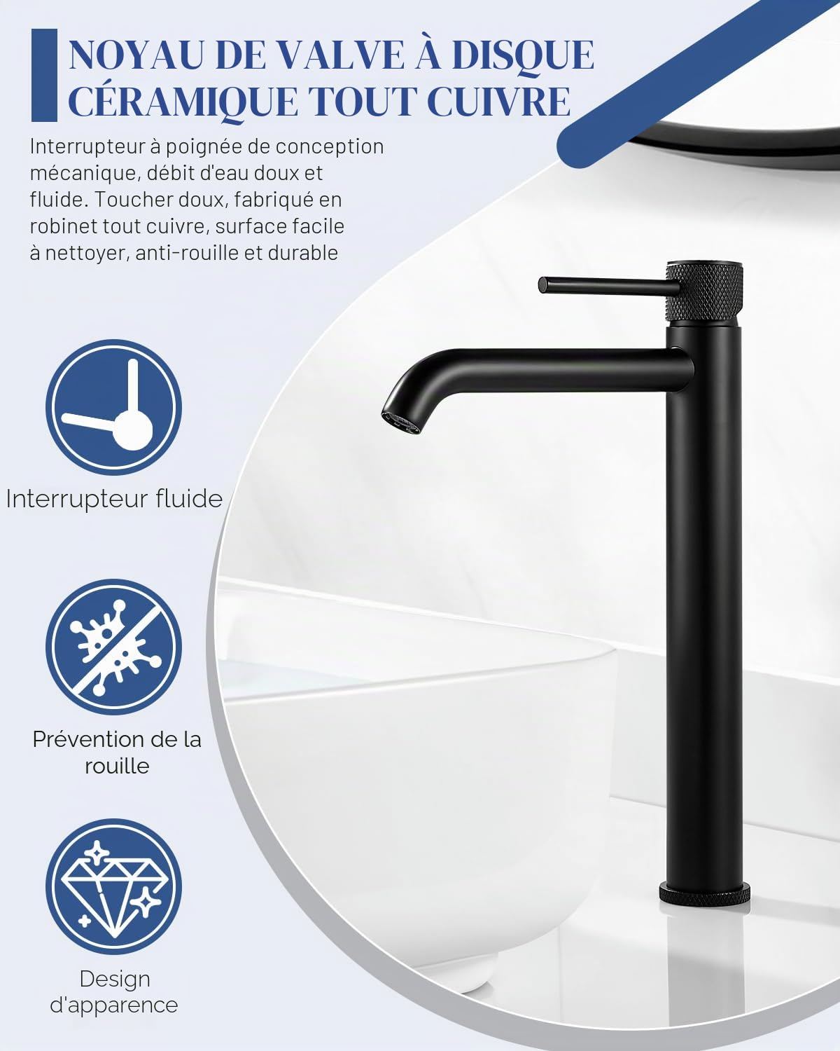 Mitigeur de Lavabo, Robinet Lavabo Haut Noir, Modern Robinetterie de Salle de Bain Monocommande, Rond Robinet Salle Bain avec Hauteur de Bec 290 MM