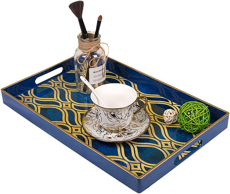 MAONAME Blue Decorative Tray with Handles, Plastic Serving Tray for Coffee Table, Marbling Rectangular Tray for Ottoman, Bathroom, Storage, 15.7" Lx 10.2" W X 1.57" H