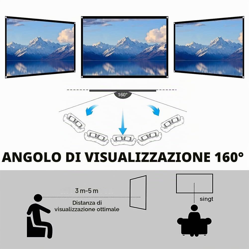 T opiky Schermo di proiezione portatile da 60 a 150 pollici, tenda di proiezione HD pieghevole 16: 9 in poliestere senza pieghe con angolo di visione visivo per film interni ed esterni(70")