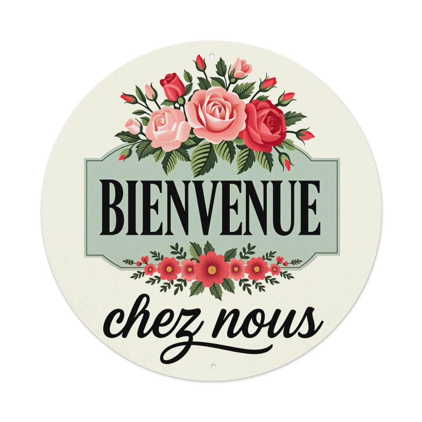 Floral Rose Design With Welcome Text And Green Leaves Round Vintage Tin Sign,Retro Wall Art,Metal Poster for Home, Bar, Garage, Cafe, Rustic Indoor & Outdoor Decor, 8x8 Inches