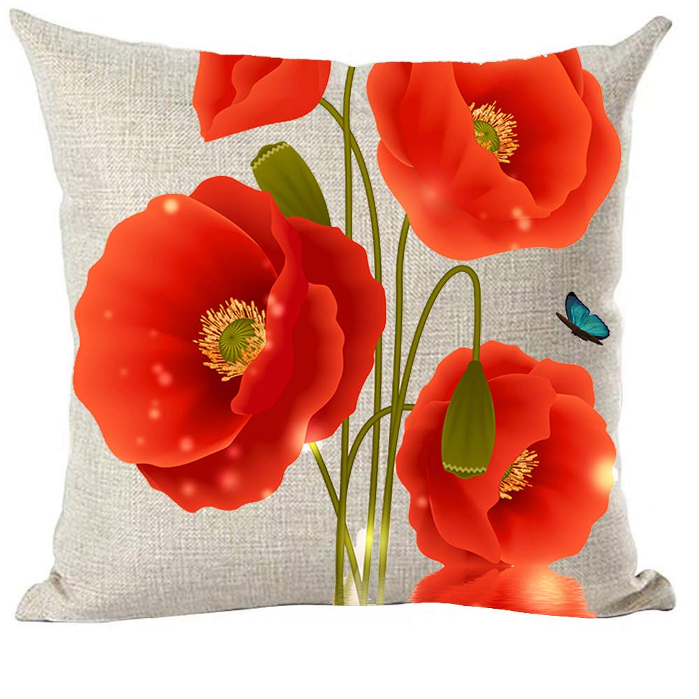 Ramirar Ink Painting Watercolor Pink Poppy Flowers Green Buds Butterfly Decorative Throw Pillow Cover Case Home Living Room Bed Sofa Car Cotton Linen Square 18 x 18 Inches-image-14