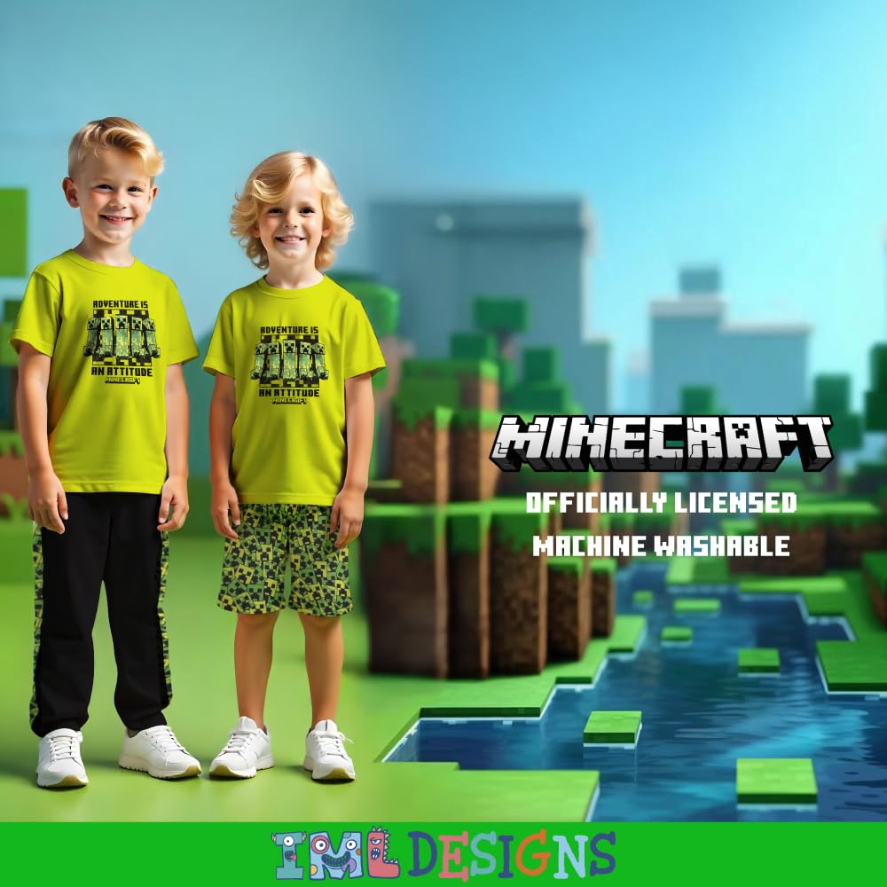 Minecraft Set di 3 pantaloni Creeper per ragazzi, maglietta a maniche corte, pantaloncini e pantaloni da jogging, confezione da 3