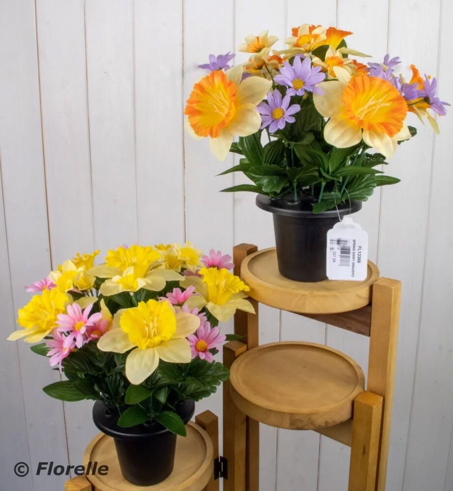 Florelle Daffodil & Daisy Artificial Grave Flower Arrangement in Pot (Pair)